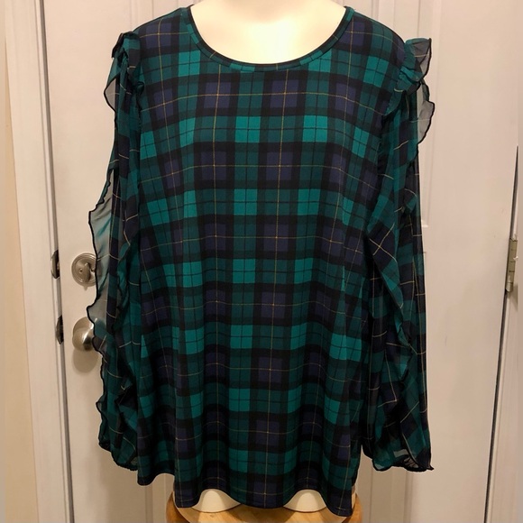 CATO Plaid Ruffle Sleeve Top - KNIT AND SHEER SLEEVES NWT 22/24 WOMEN PLUS SIZE - Picture 1 of 12